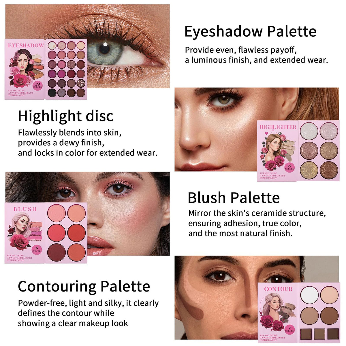 RoseFlower Make Up Set, Eyeshadow Blush Highlighter Contour Kit