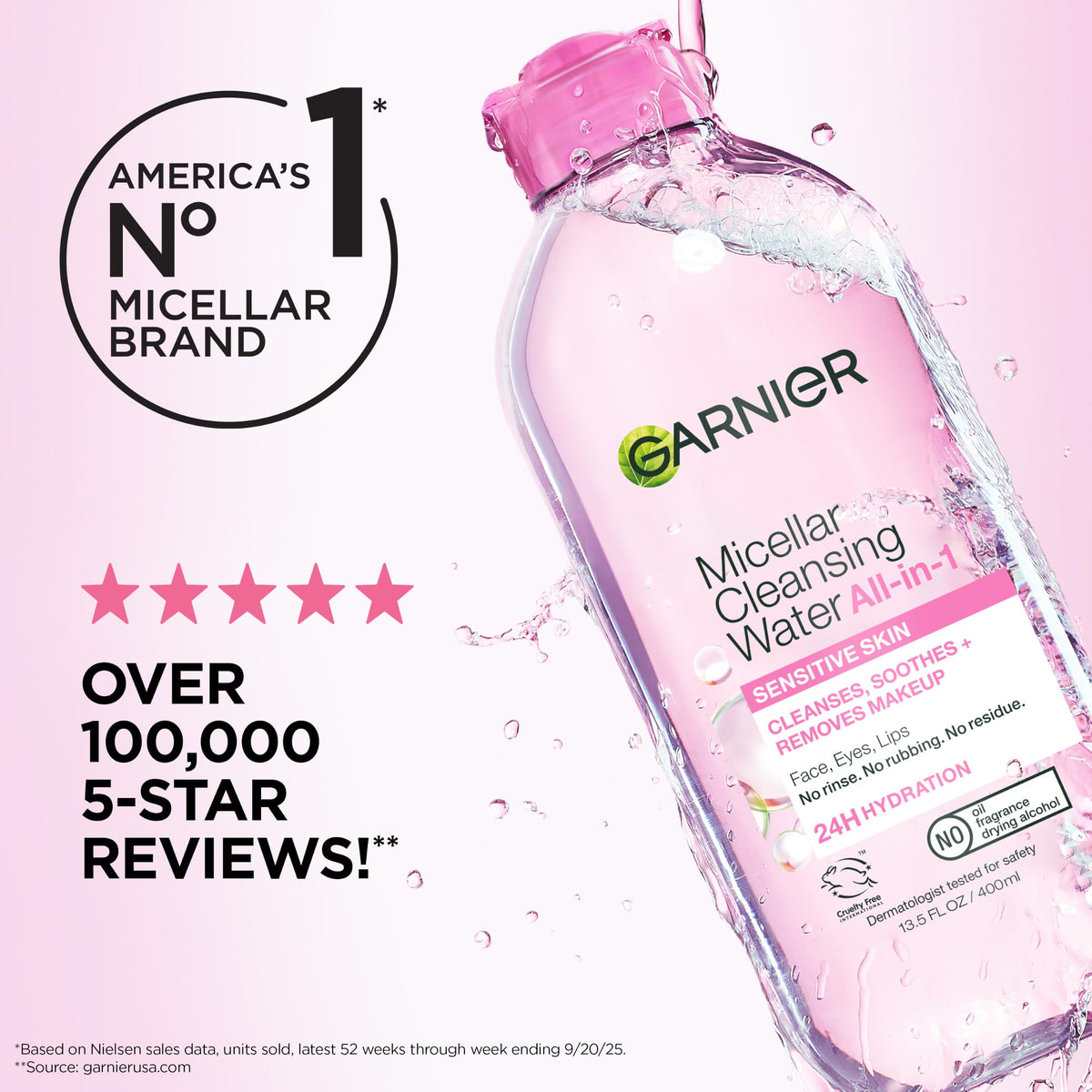 Garnier Micellar Water, Hydrating Facial Cleanser & Makeup Remover, Suitable for Sensitive Skin, Vegan, Cruelty Free, 13.5 Fl Oz (400mL), 1 Count