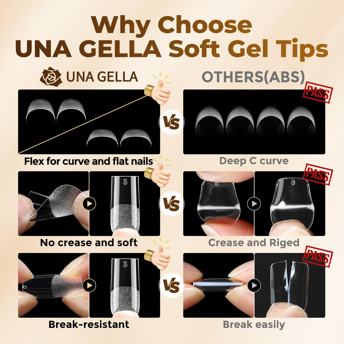 UNA GELLA Almond Gel Nail Tips 504PCS Pre-Etched Clear Fake Nails Tips