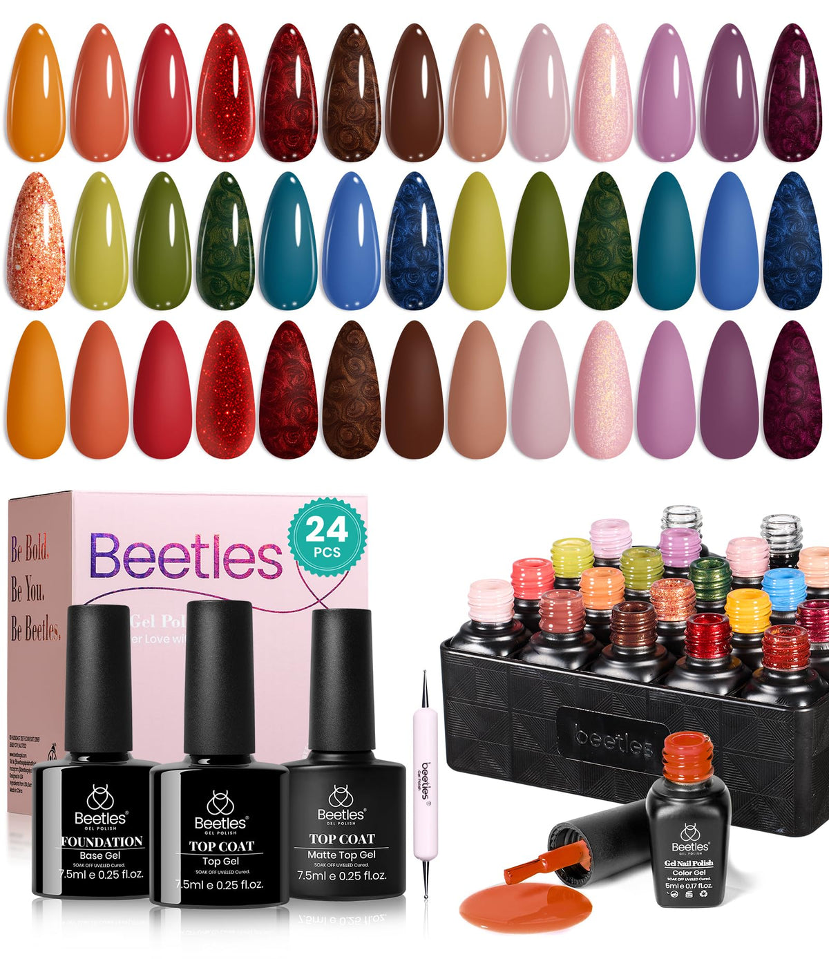 Beetles Fall Gel Nail Polish Set, 20 Colors Orange Yellow Brown