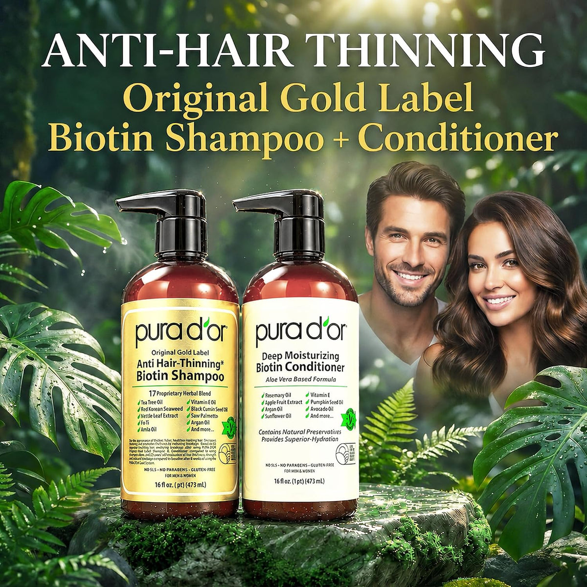 PURA D'OR Gold Label Anti-Thinning Biotin Shampoo & Conditioner, 16oz x2