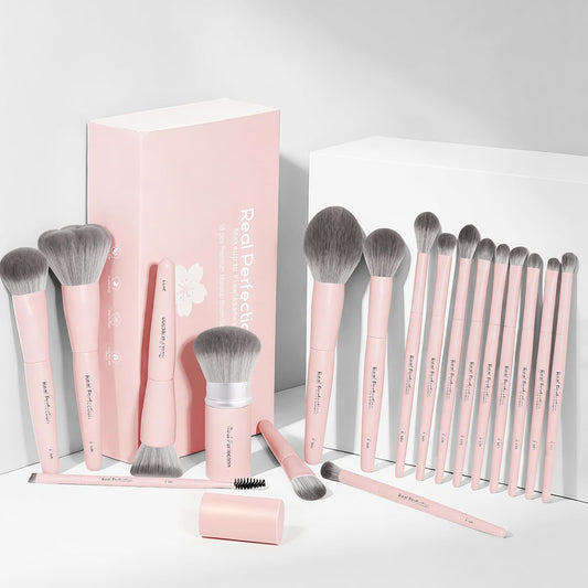 Real Perfection Professional Makeup Brushes 18 Pcs Makeup Brush Set Premium Kabuki Powder Foundation Contour Blush Concealer Eyeshadow Blending Liner Make Up Brush Kit - Pink