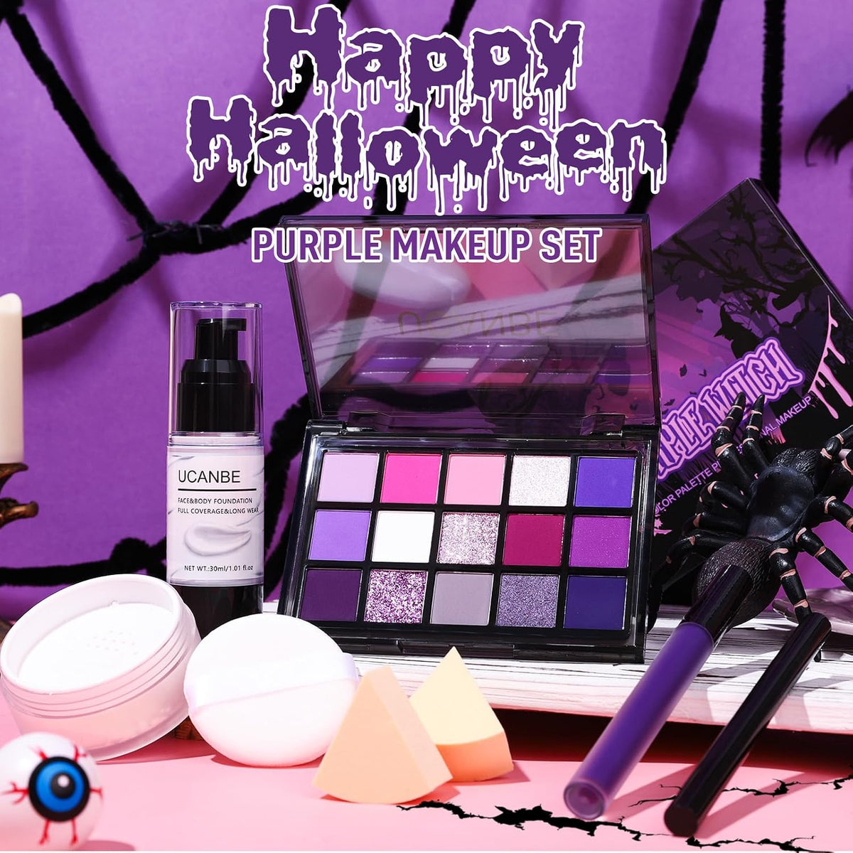 UCANBE Halloween Makeup Kit – 15-Color Purple Eyeshadow Palette, White Liquid Foundation, Purple Liquid Lipstick, Black Eyeliner, Setting Powder & Sponges Makeup Set for Cosplay Witch Devil Sorceress