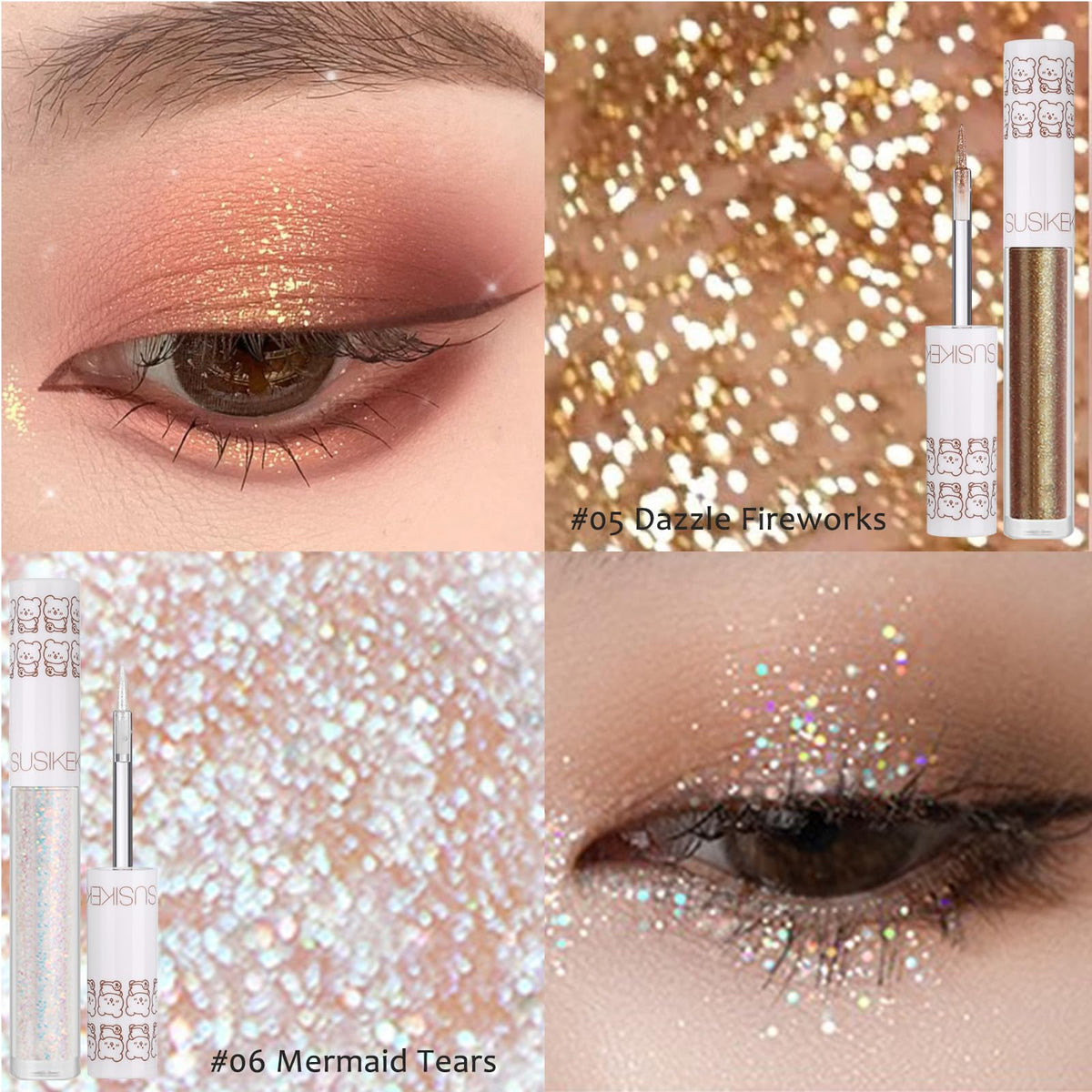 6Pcs Liquid Glitter Eyeshadow Eyeliner, Korean Makeup, Bling Under Eye Shadow, Shimmer Eye Make Up Valentine's Gift Set,Long Lasting,Quick Drying & Pigmented Loose Glitter Glue for Crystals Makeup