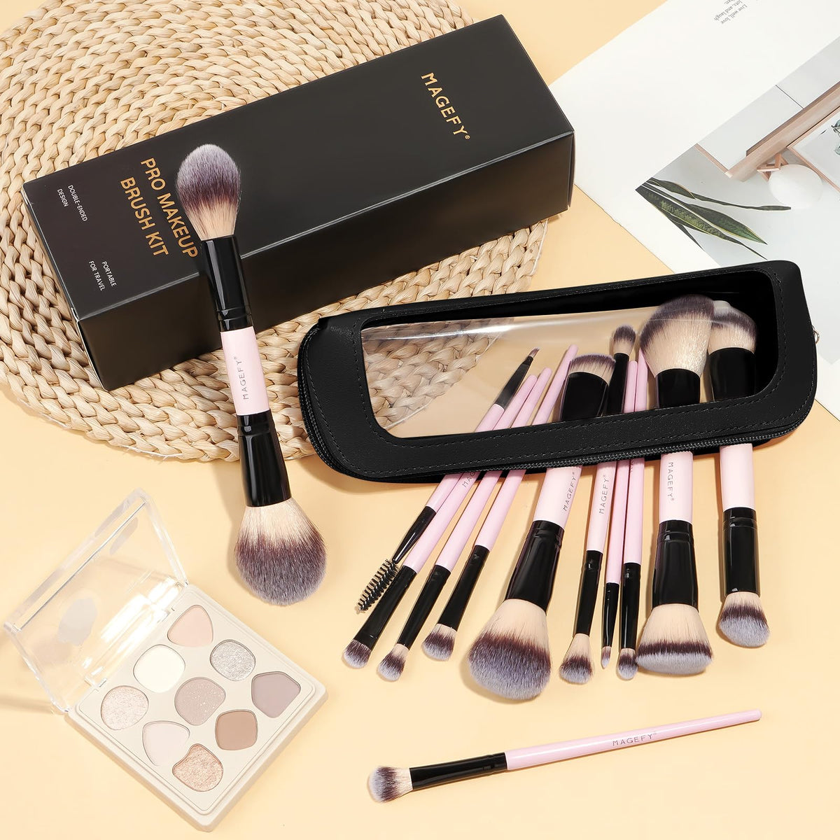 MAGEFY Makeup Brushes 12Pcs with Bag, Double-End Multi-functional for Foundation Powder Blush Eyeliner Eyeshadows brushes with Gift Box,Blackgold
