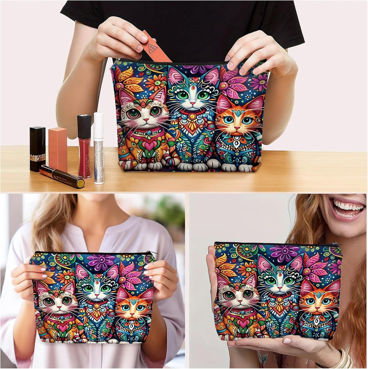 Bohemian Cat Mom Makeup Bag For Women & Teen Girl Cat Lover Gifts. Cute Boho Cats Themed Cosmetic & Toiletry Organizer Pouch For Daughters, Sisters, Friends.Ideal Gift For Travel, Christmas.