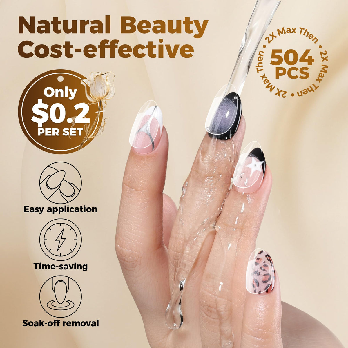 UNA GELLA Almond Gel Nail Tips 504PCS Pre-Etched Clear Fake Nails Tips