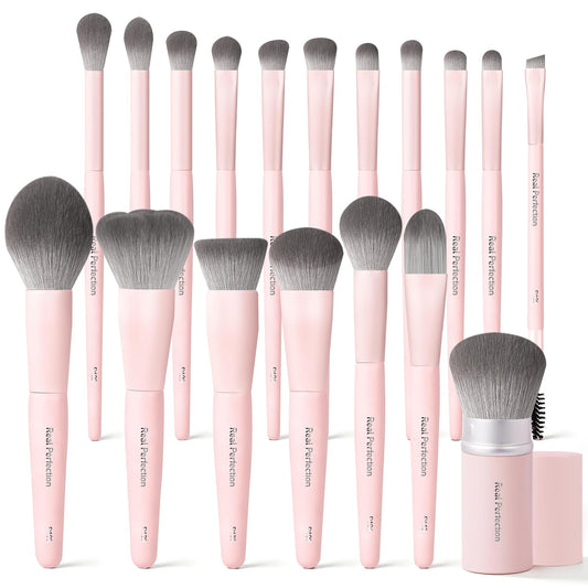 Real Perfection Professional Makeup Brushes 18 Pcs Makeup Brush Set Premium Kabuki Powder Foundation Contour Blush Concealer Eyeshadow Blending Liner Make Up Brush Kit - Pink