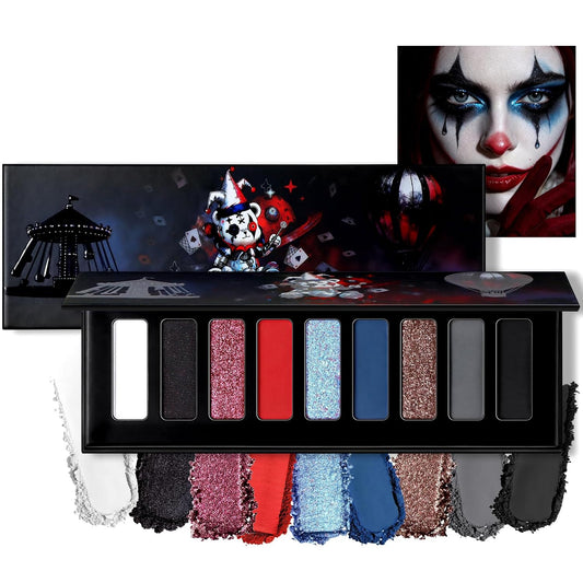 9 Colors Black White Red Blue Eyeshadow Palette, High Pigmented Long Lasting Matte Glitter Smokey Eye Shadow for Christmas Goth Halloween Clown Zombie Vampire Skeleton Joker Costume Makeup