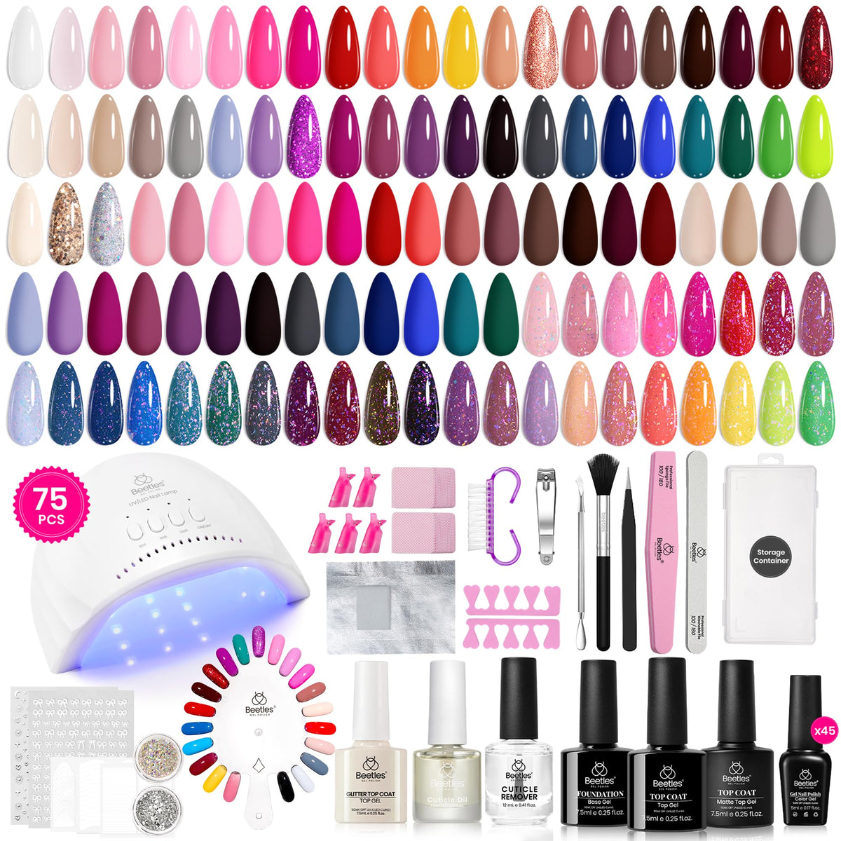 Beetles Gel Nail Polish Set, 63 PCS 55 Colors Gel Polish Kit with Base Coat