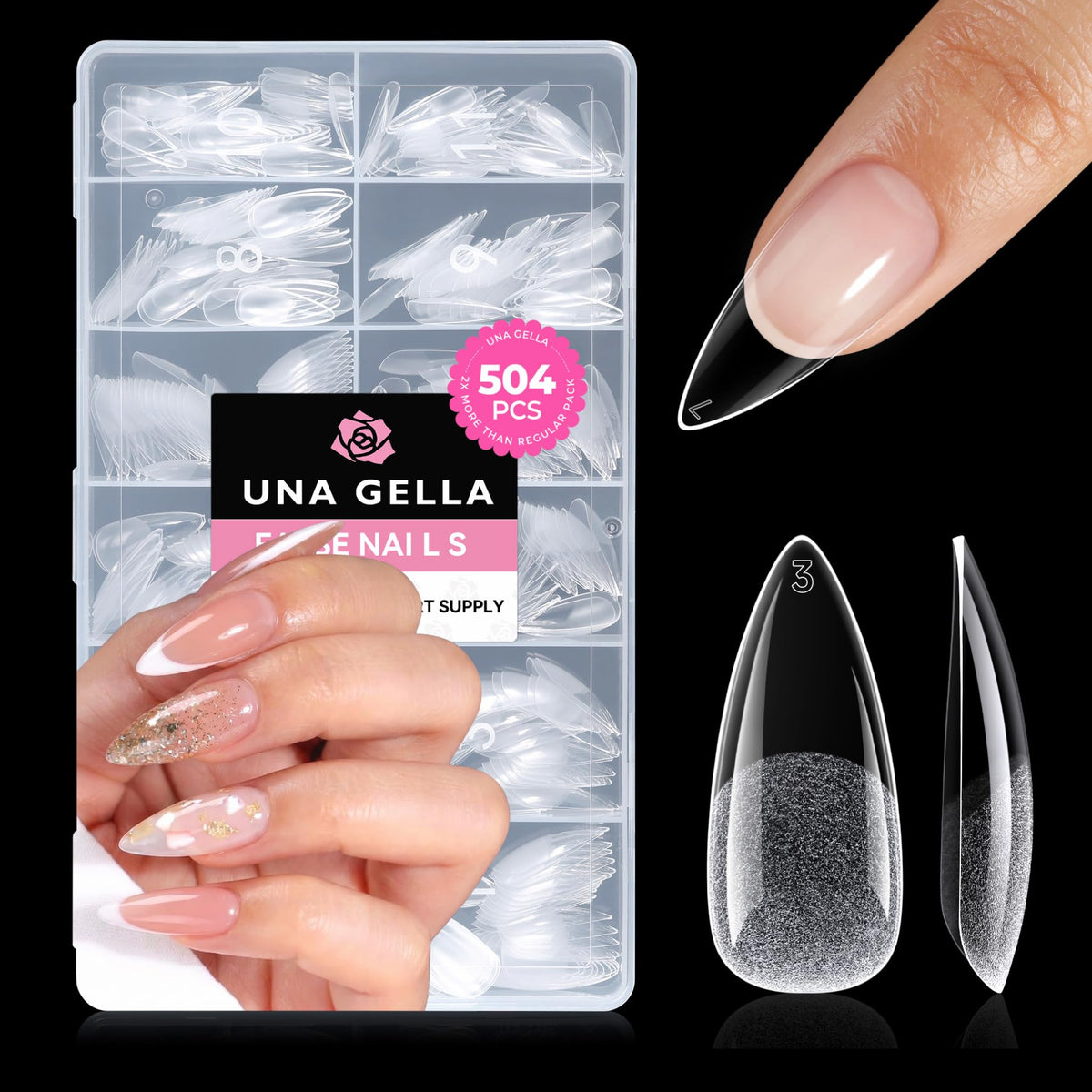 UNA GELLA Almond Gel Nail Tips 504PCS Pre-Etched Clear Fake Nails Tips