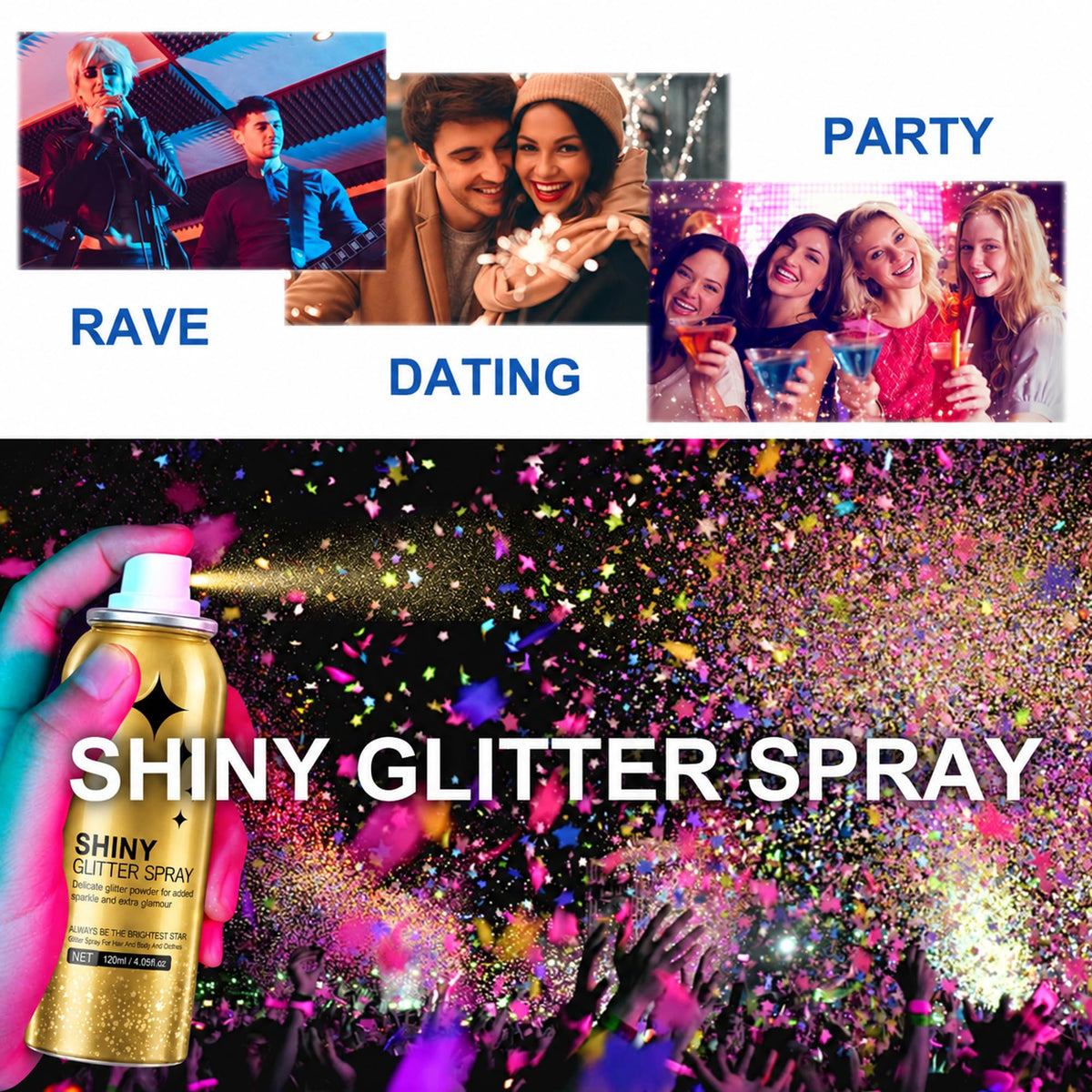 HANYWIL Body Glitter, Glitter Spray for Hair and Body, Spray, Hairspray Clothes, Long-Lasting Shimmer Suitable Stage, Festival Rave Makeup Prom 2.11 Fl Oz
