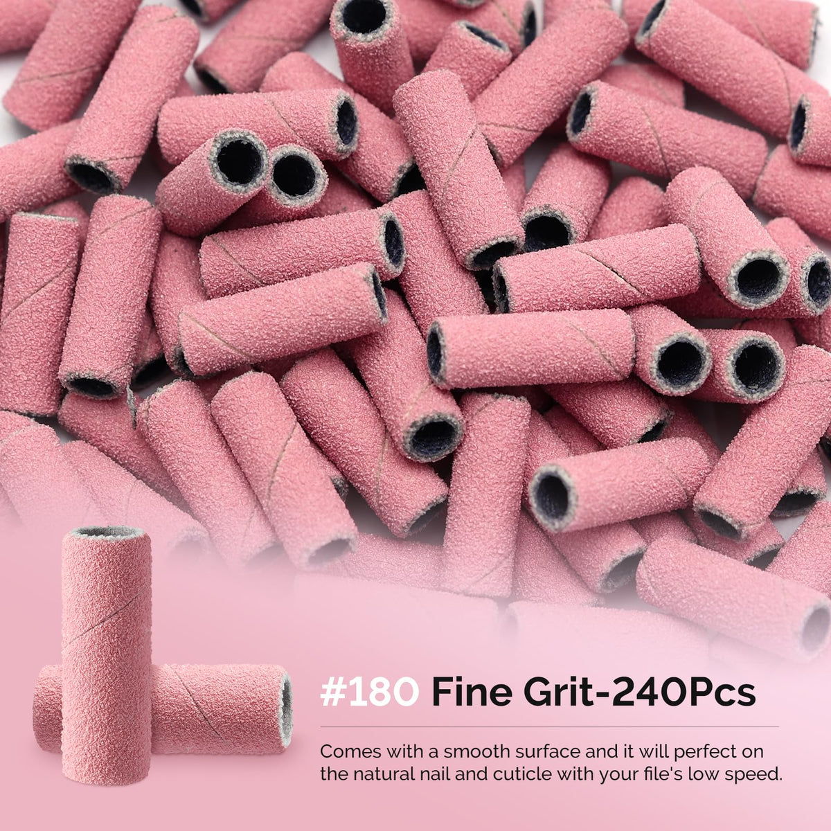 MelodySusie 120 Pcs Nail Drill Bits Small Sanding Bands for 3.1mm Mandrel Bit, 180 Fine Grit Nail File for Acrylic Nails Gel Manicures and Pedicure, Pink (Only Sanding Bands)