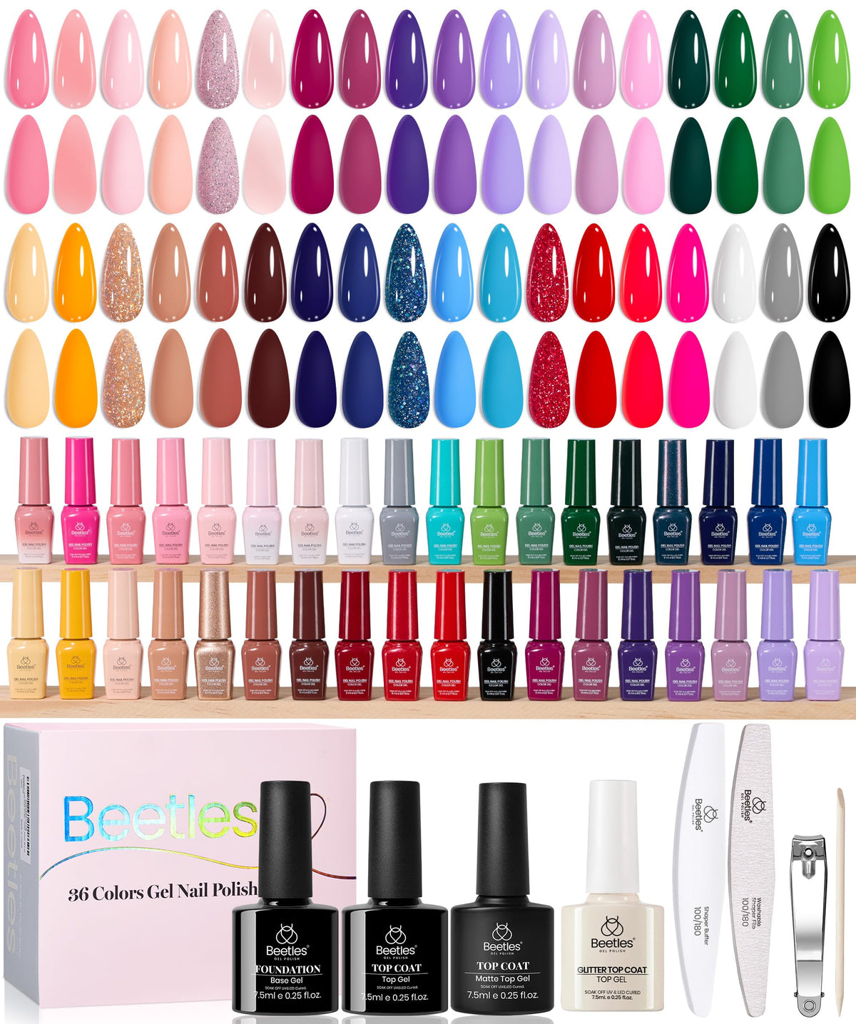 Beetles Gel Nail Polish Set, 63 PCS 55 Colors Gel Polish Kit with Base Coat