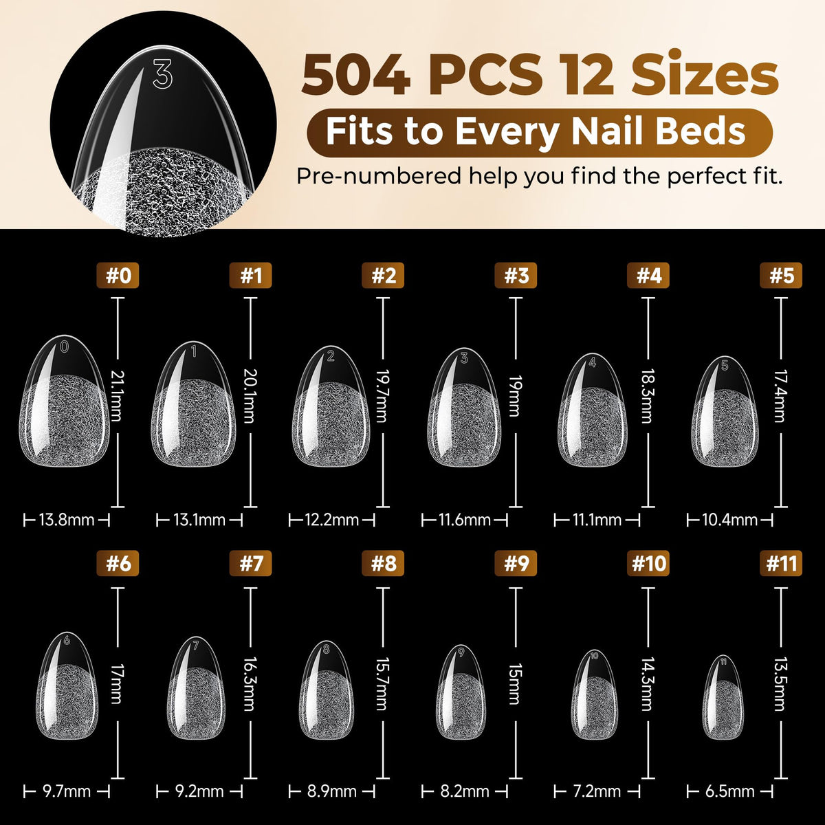 UNA GELLA Almond Gel Nail Tips 504PCS Pre-Etched Clear Fake Nails Tips