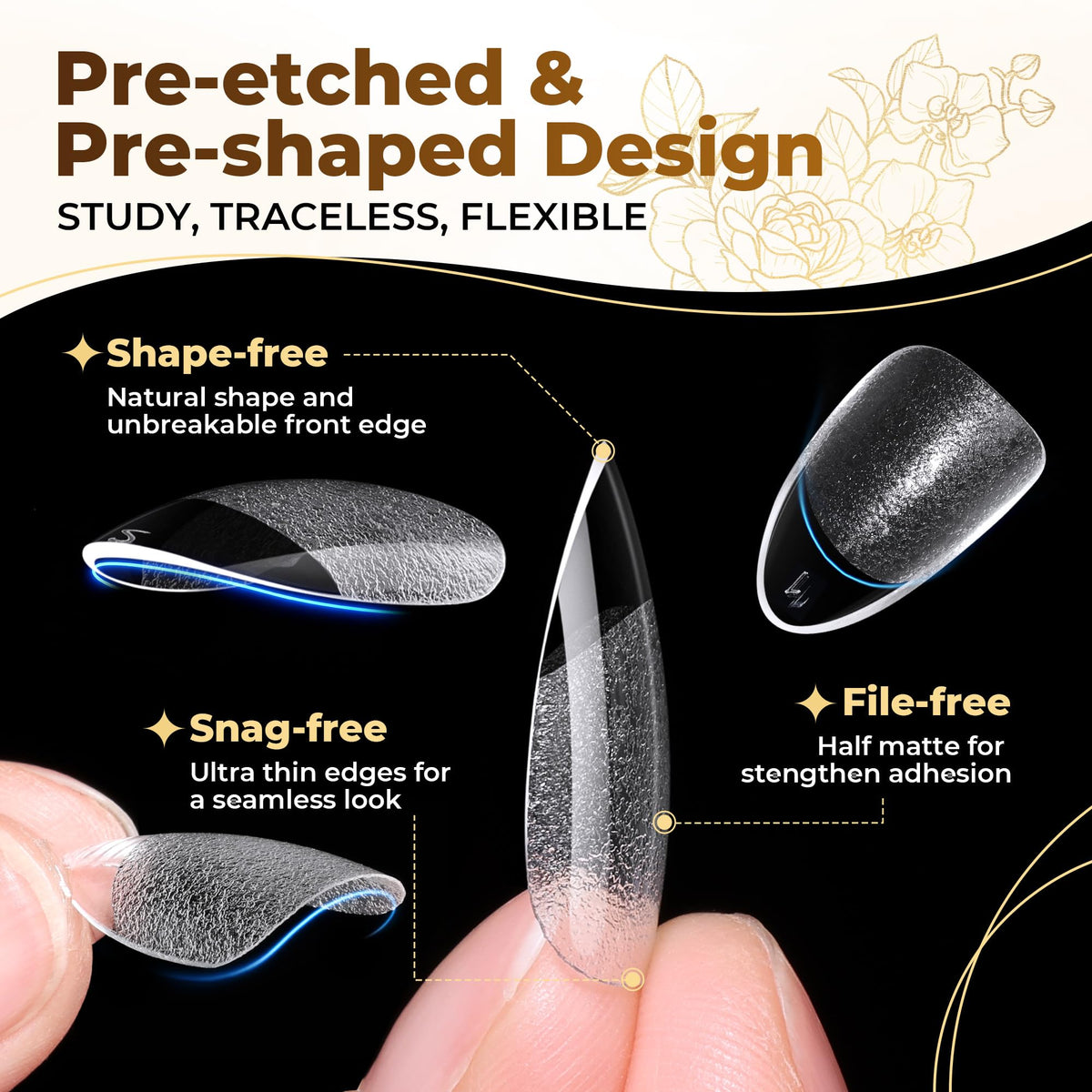 UNA GELLA Almond Gel Nail Tips 504PCS Pre-Etched Clear Fake Nails Tips