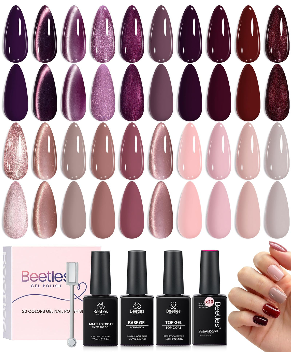 Beetles Fall Gel Nail Polish Set, 23Pcs Brown Burgundy Red Nude Pink