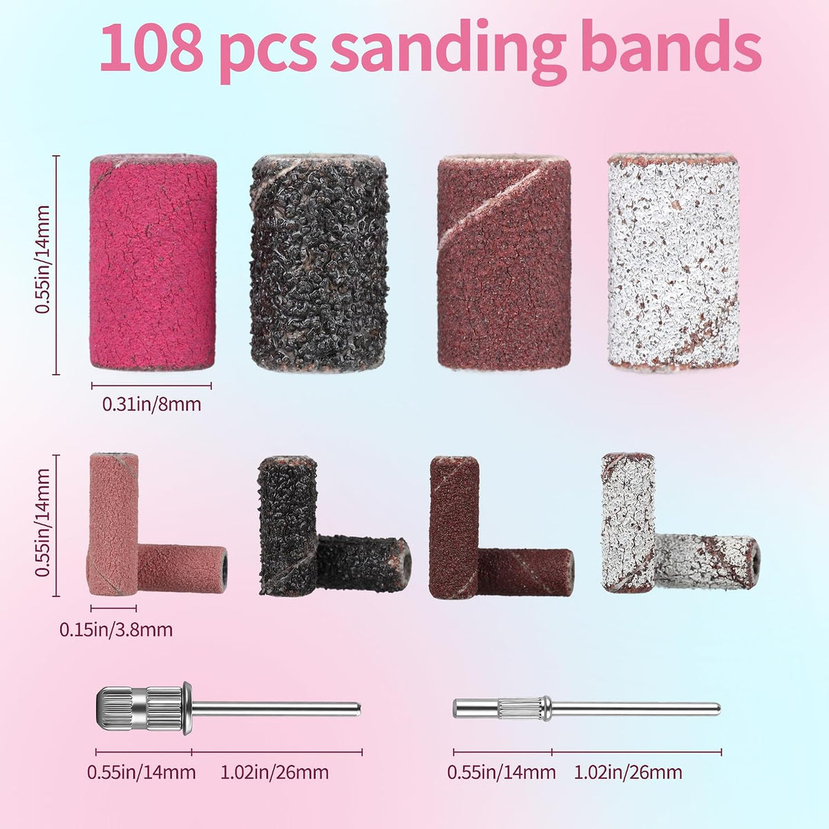 108Pcs Sanding Bands for Nail Drill, 4 Grits 80/120/180/240, 2 Sizes Nail Drill Bits Set for Acrylic Gel Manicures Pedicures with Box