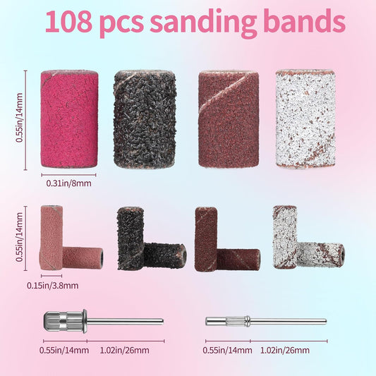 108Pcs Sanding Bands for Nail Drill, 4 Grits 80/120/180/240, 2 Sizes Nail Drill Bits Set for Acrylic Gel Manicures Pedicures with Box