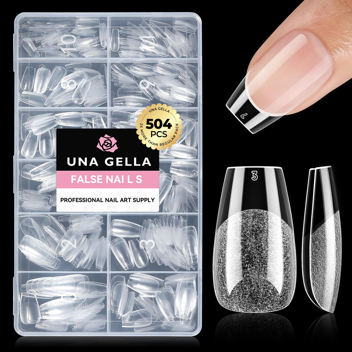 UNA GELLA Almond Gel Nail Tips 504PCS Pre-Etched Clear Fake Nails Tips