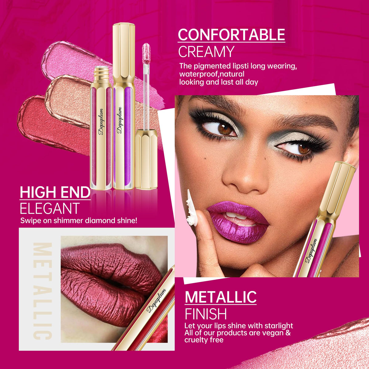 Depuplum Purple Lipsticks for Women Metallic Glitter Lipstick Long Lasting