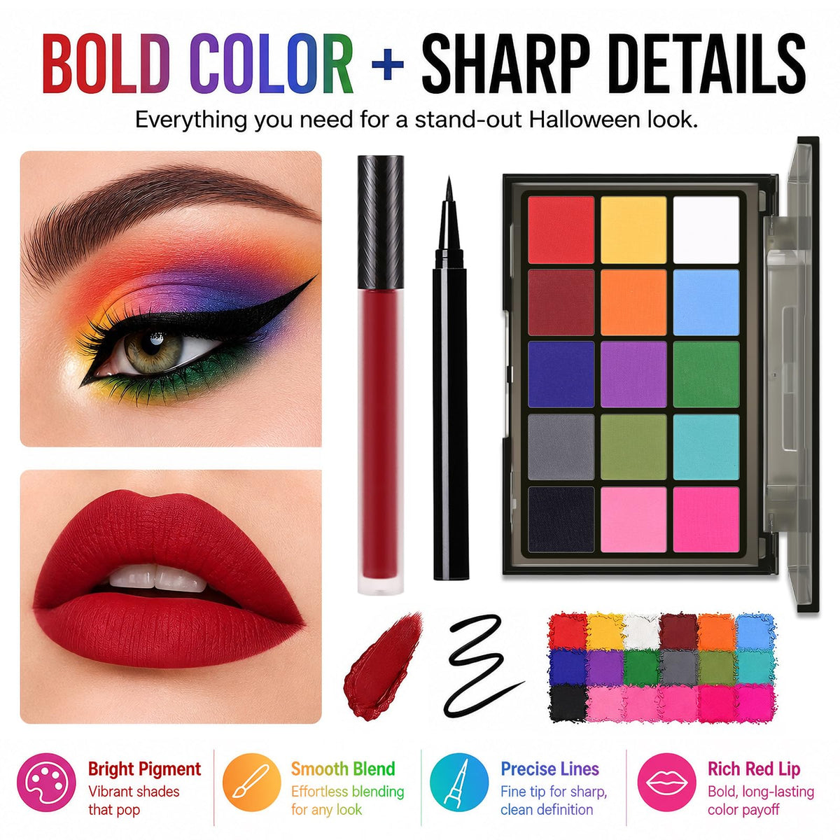 UCANBE Halloween Makeup Kit – 15-Color Purple Eyeshadow Palette, White Liquid Foundation, Purple Liquid Lipstick, Black Eyeliner, Setting Powder & Sponges Makeup Set for Cosplay Witch Devil Sorceress