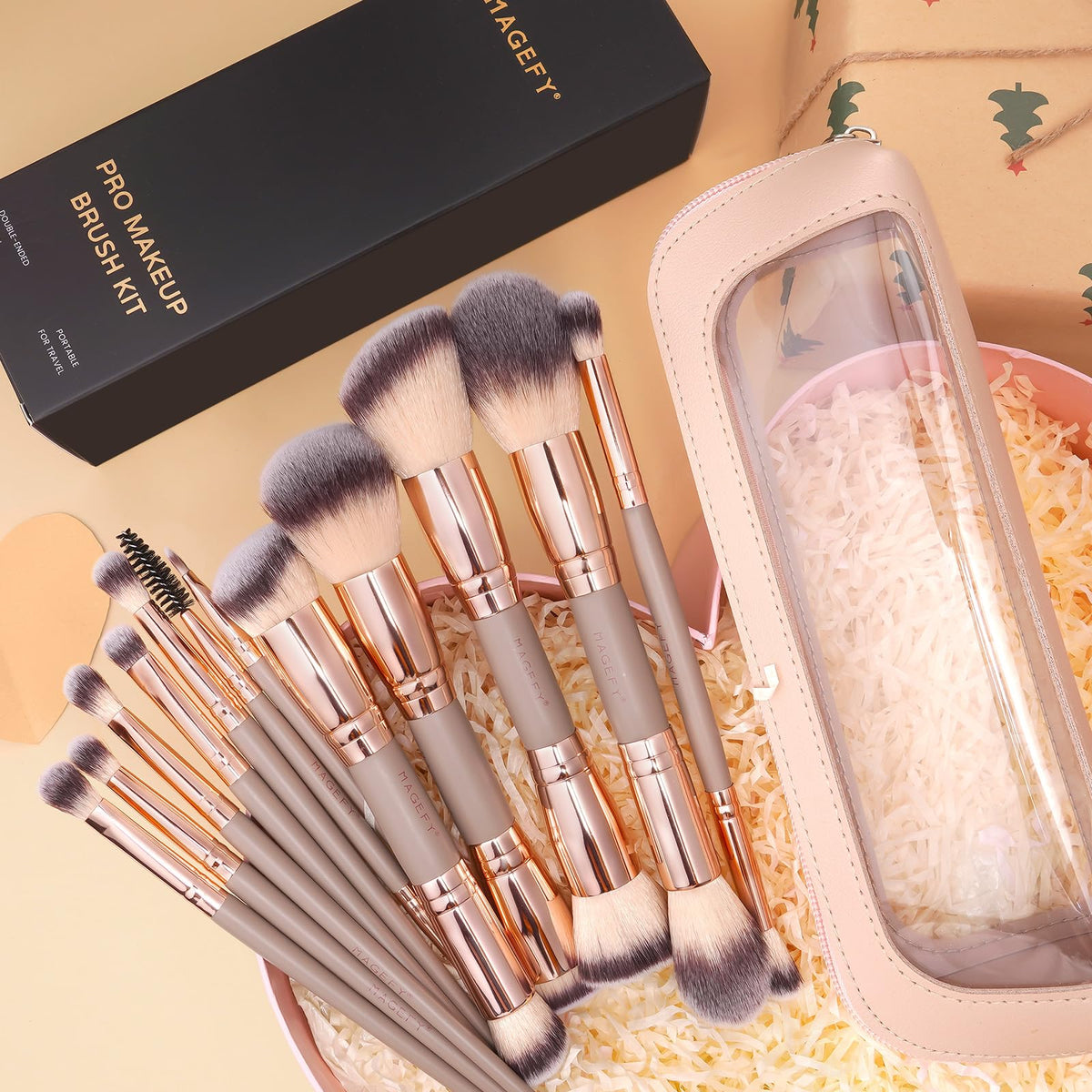MAGEFY Makeup Brushes 12Pcs with Bag, Double-End Multi-functional for Foundation Powder Blush Eyeliner Eyeshadows brushes with Gift Box,Blackgold