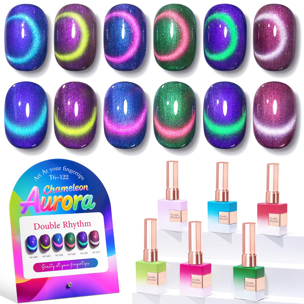 Double Rhythm Cat Eye Gel Nail Polish Set of 6 Same Color Same Bottle 0.5 Oz Shimmer Glitter with Magnet Holographic Magnetic UV Nail Polish Kit (Blush Fuchsia Magenta Purple Violet Lavender -T6-107)