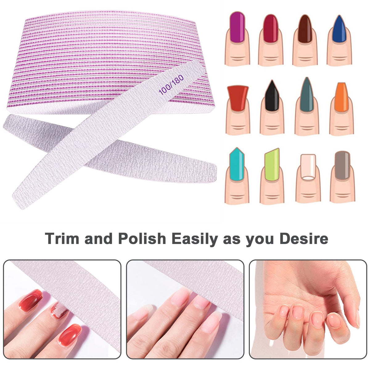 50 Pcs Nail File, Emery Board Nail Files for Acrylic Nails and Natural Nails, 100/180 Grit Double Sided Fingernail File Gel Nail Professional Reusable Washable Manicure Pedicure Kit Set Gray