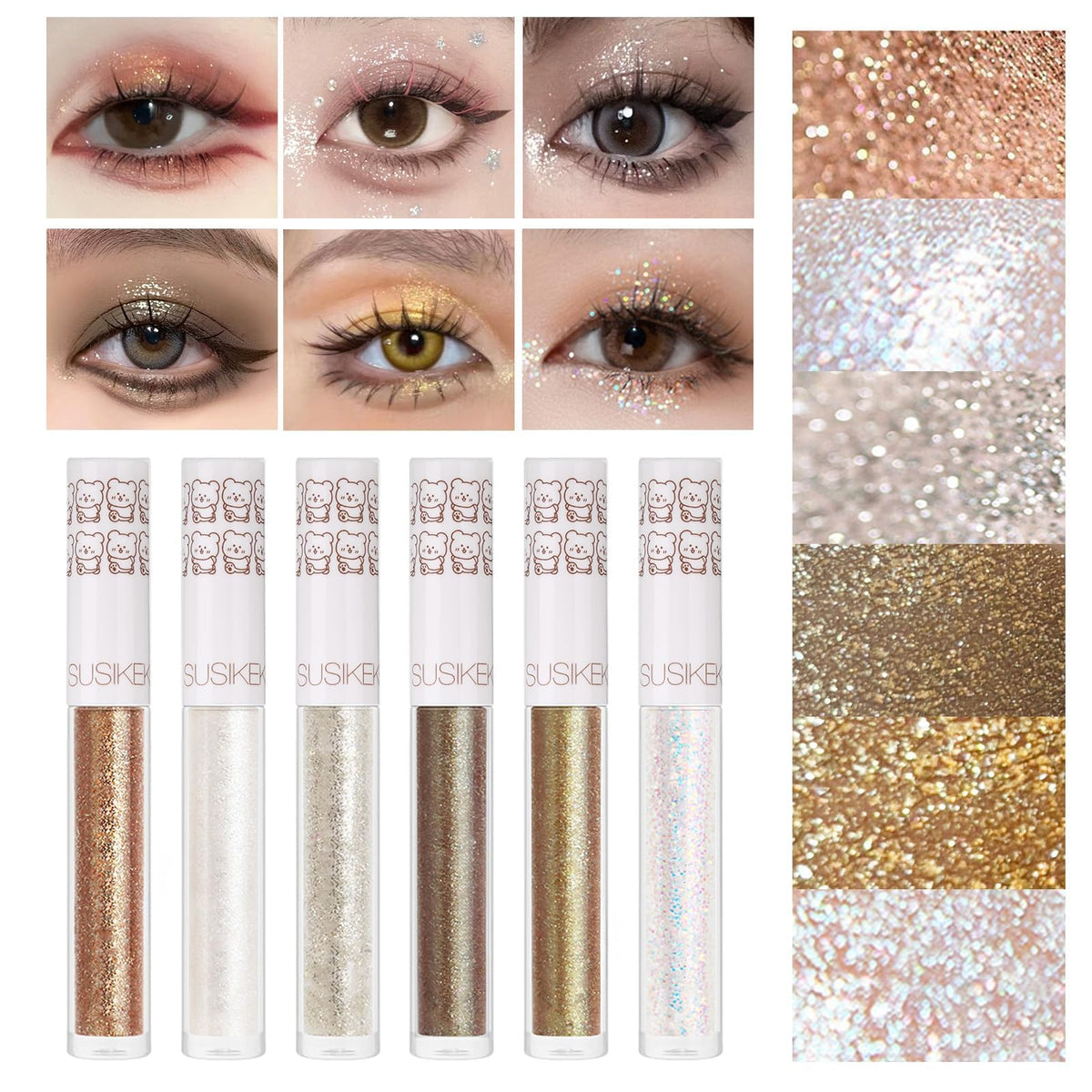 6Pcs Liquid Glitter Eyeshadow Eyeliner, Korean Makeup, Bling Under Eye Shadow, Shimmer Eye Make Up Valentine's Gift Set,Long Lasting,Quick Drying & Pigmented Loose Glitter Glue for Crystals Makeup