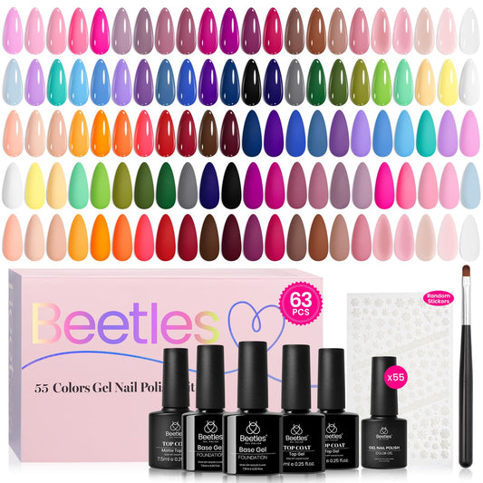 Beetles Gel Nail Polish Set, 63 PCS 55 Colors Gel Polish Kit with Base Coat