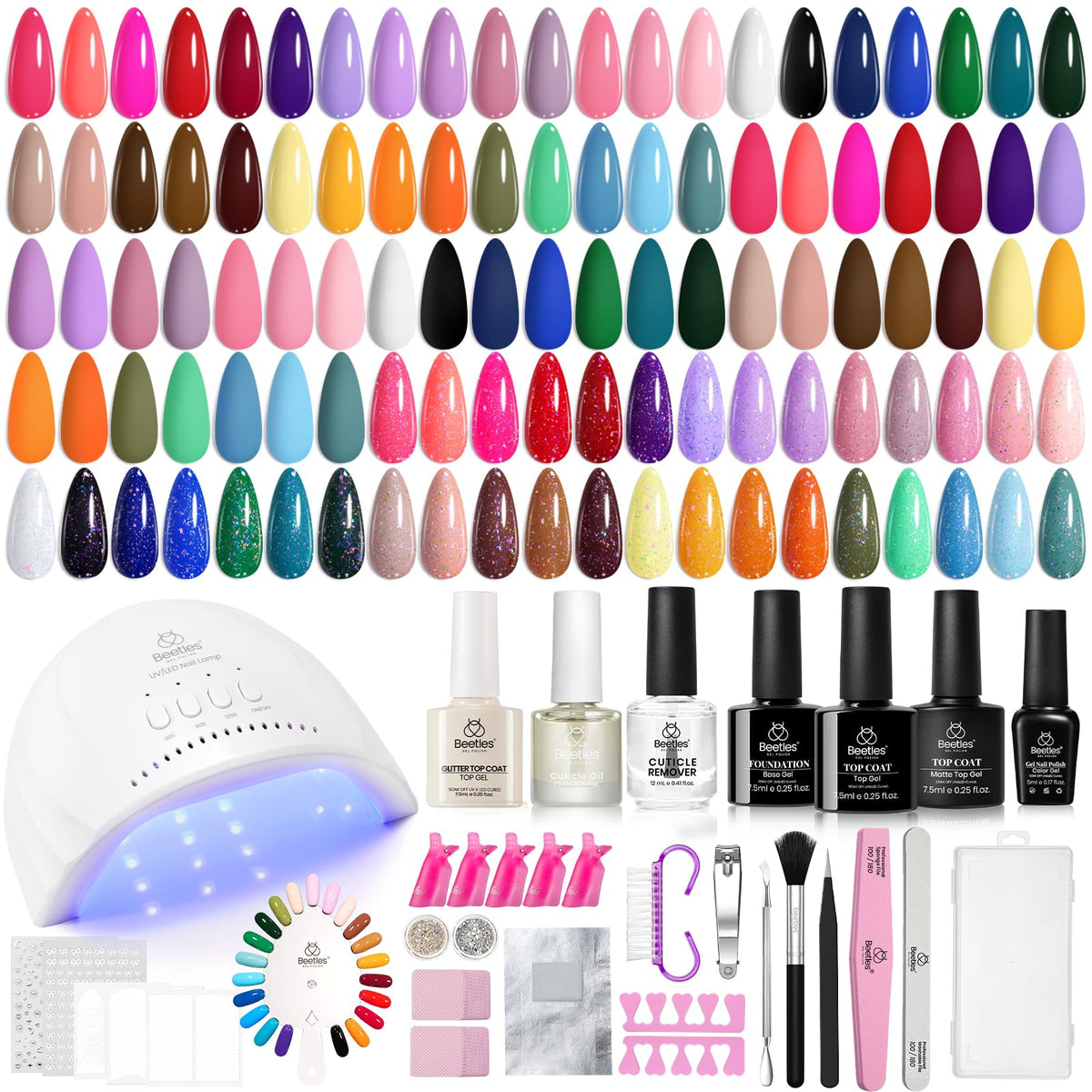 Beetles Gel Nail Polish Set, 63 PCS 55 Colors Gel Polish Kit with Base Coat