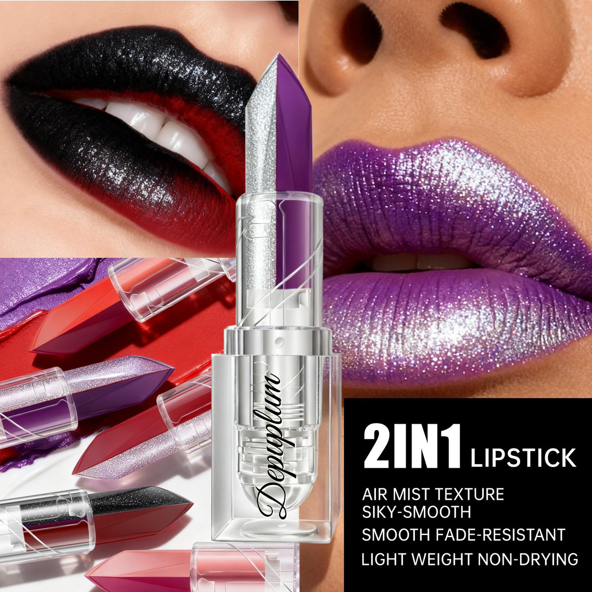 Depuplum Black Lipstick Glitter Red Lipstick Ombre Lips Dual Tone