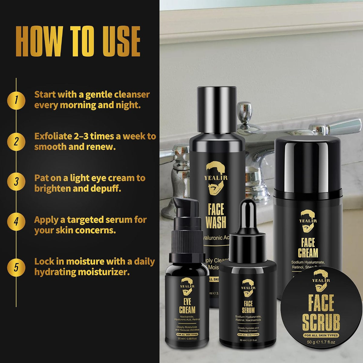Mens Facial Skin Care Gift Set for Anti-Aging & Hydration, Face Routine Kit