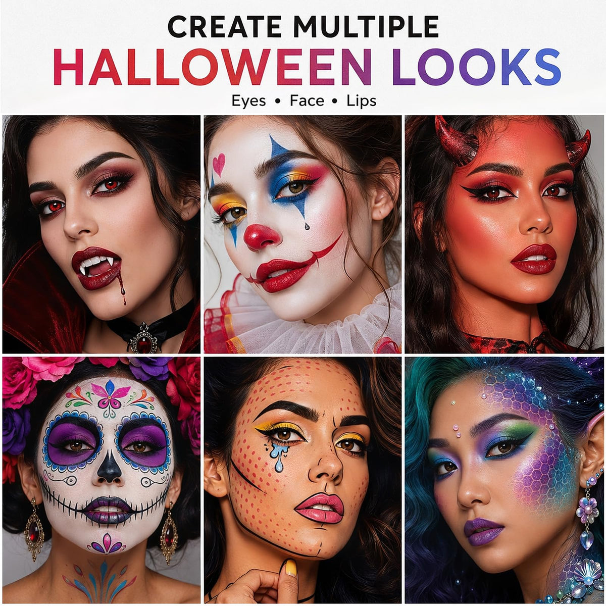 UCANBE Halloween Makeup Kit – 15-Color Purple Eyeshadow Palette, White Liquid Foundation, Purple Liquid Lipstick, Black Eyeliner, Setting Powder & Sponges Makeup Set for Cosplay Witch Devil Sorceress