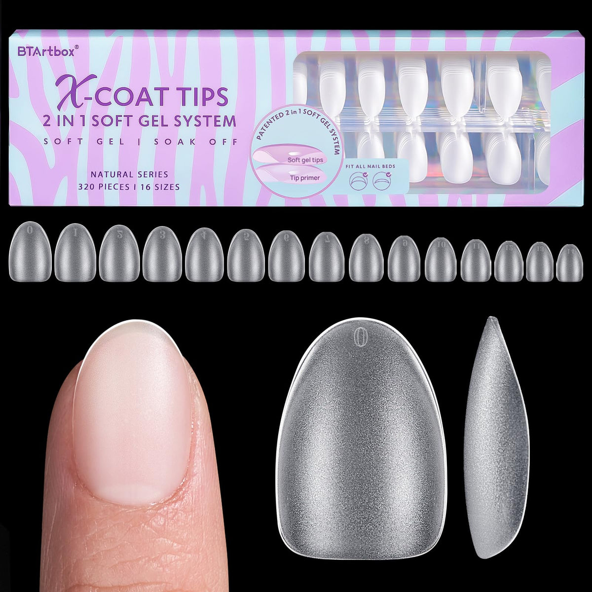 BTArtbox Half Cover Clear Fake Nails with Case, Long Square, 500 Pcs