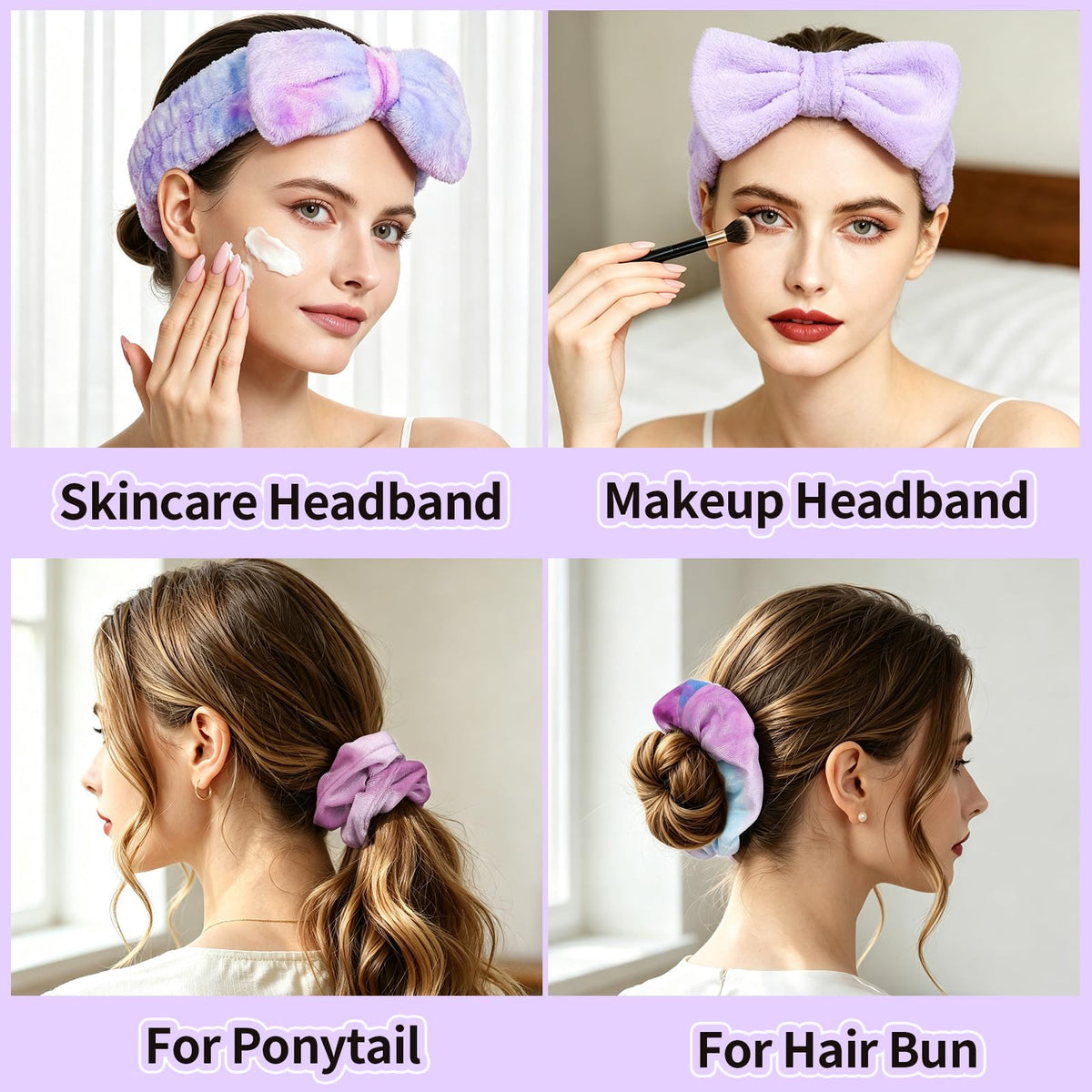 LEOBRO Spa Headband, 6pcs Makeup Headbands and Hair Scrunchies, Bow Skin Care Headband for Washing Face for Teen Girls Women, Easter Basket Valentines Christmas Gift for Girls, Black & White & Gray