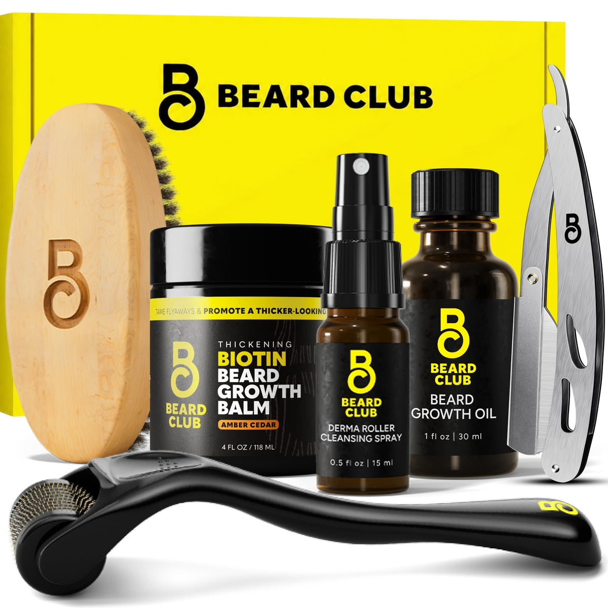 The Beard Club Premium Beard Kit for Men - Grooming & Care Kit - Cedar & Sandalwood Oil, Sandalwood Balm, Shampoo, Brush, Comb, Trimming Scissors, Straight Edge Razor - Gift Set