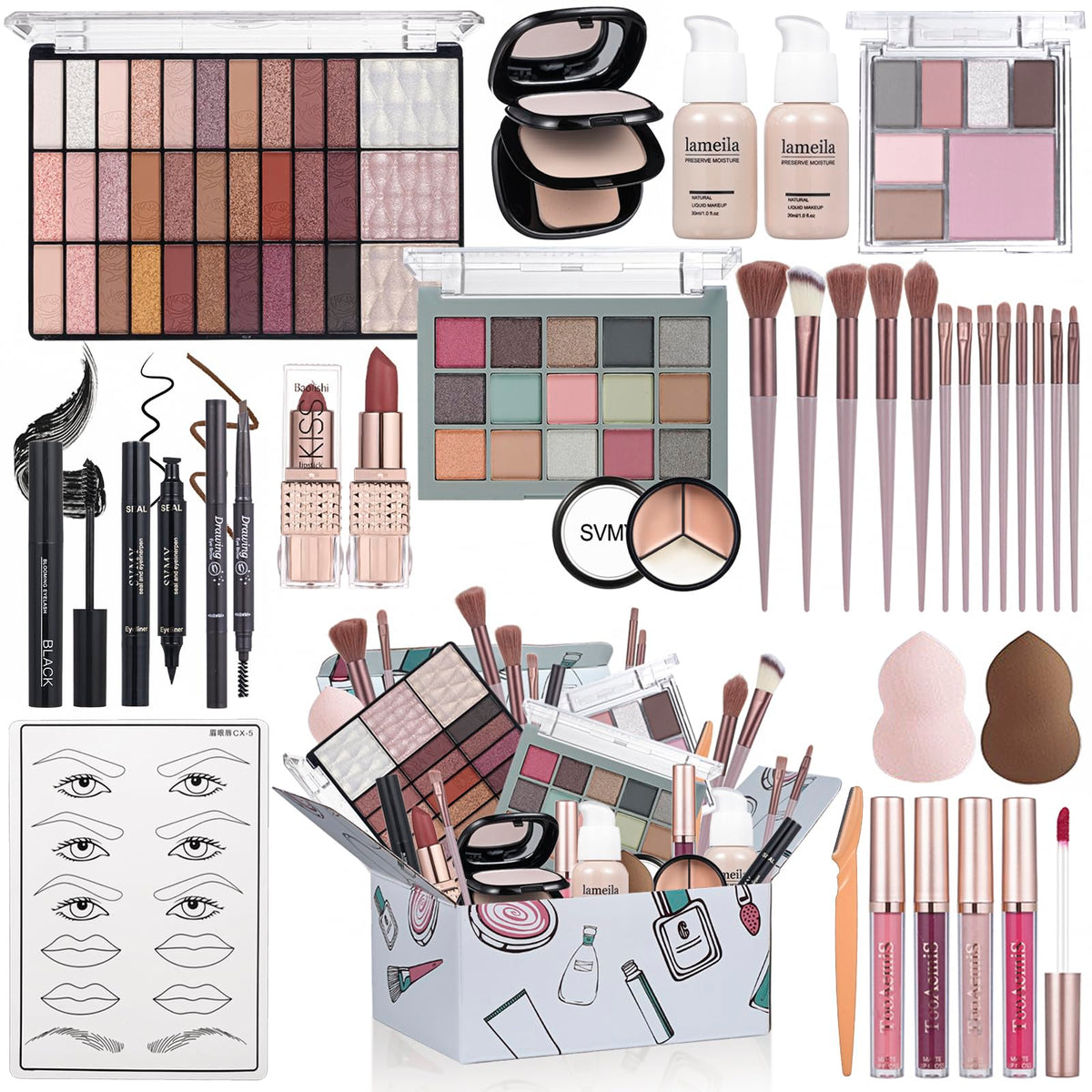 Makeup Set for Women Full Kit Includes, eyeshadow、 liquidfoundation,Loose powder,Eyebrow pencil,Lipstick Eye Pencil Makeup BrushesMakeup practice board 4-color lip gloss set
