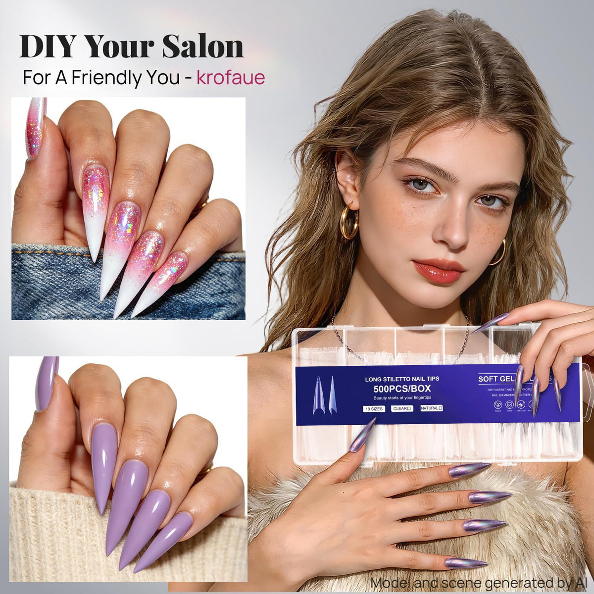 krofaue Extra Long Stiletto Nail Tips - False Clear Nais