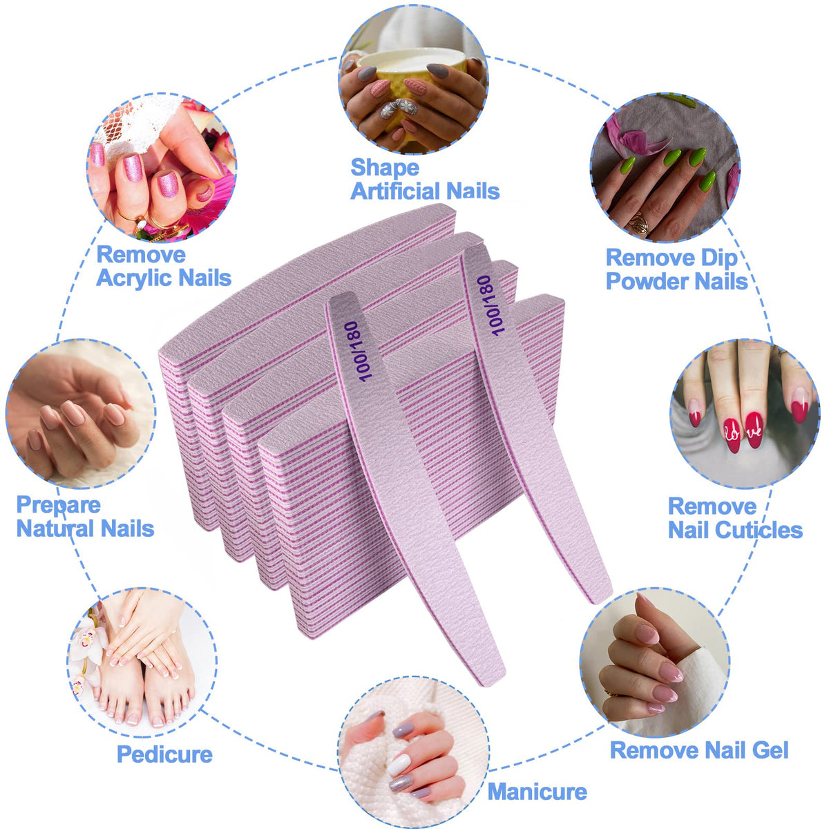 50 Pcs Nail File, Emery Board Nail Files for Acrylic Nails and Natural Nails, 100/180 Grit Double Sided Fingernail File Gel Nail Professional Reusable Washable Manicure Pedicure Kit Set Gray