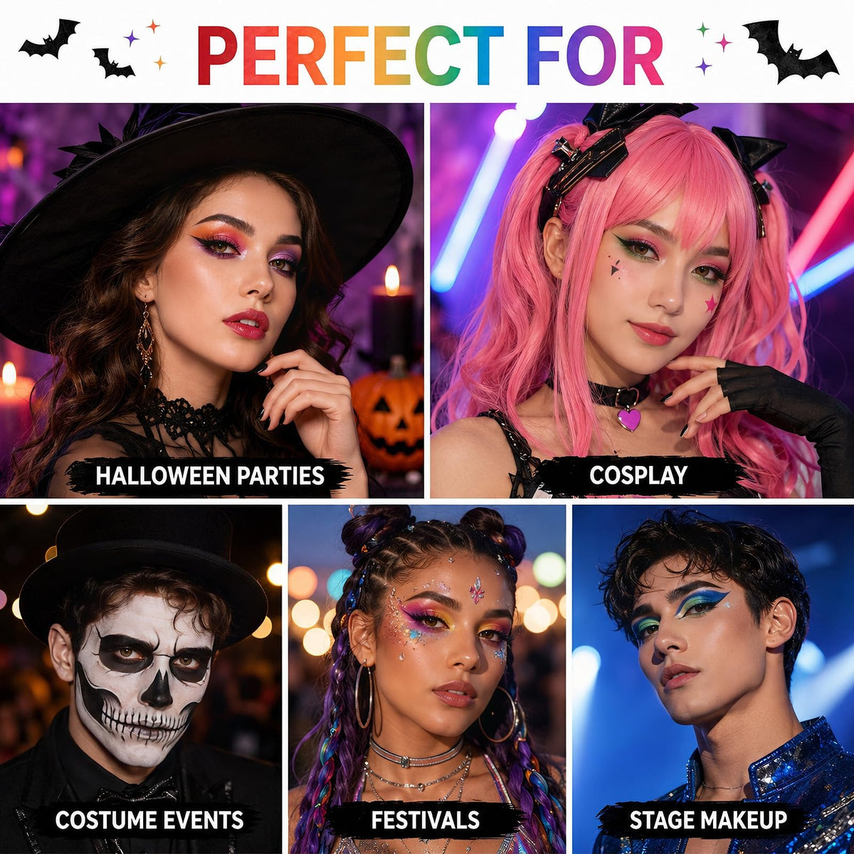 UCANBE Halloween Makeup Kit – 15-Color Purple Eyeshadow Palette, White Liquid Foundation, Purple Liquid Lipstick, Black Eyeliner, Setting Powder & Sponges Makeup Set for Cosplay Witch Devil Sorceress