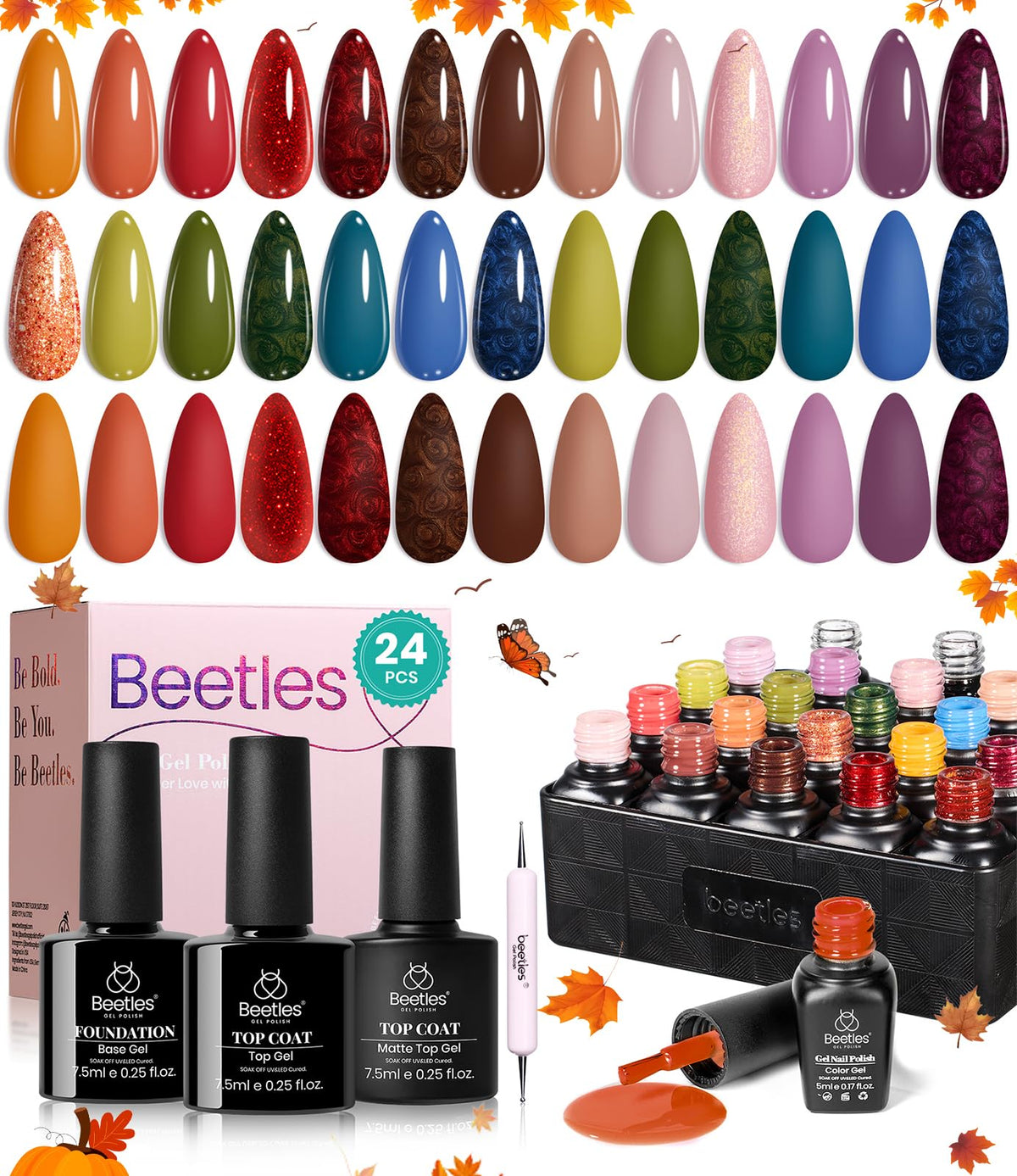 Beetles Fall Gel Nail Polish Set, 20 Colors Orange Yellow Brown