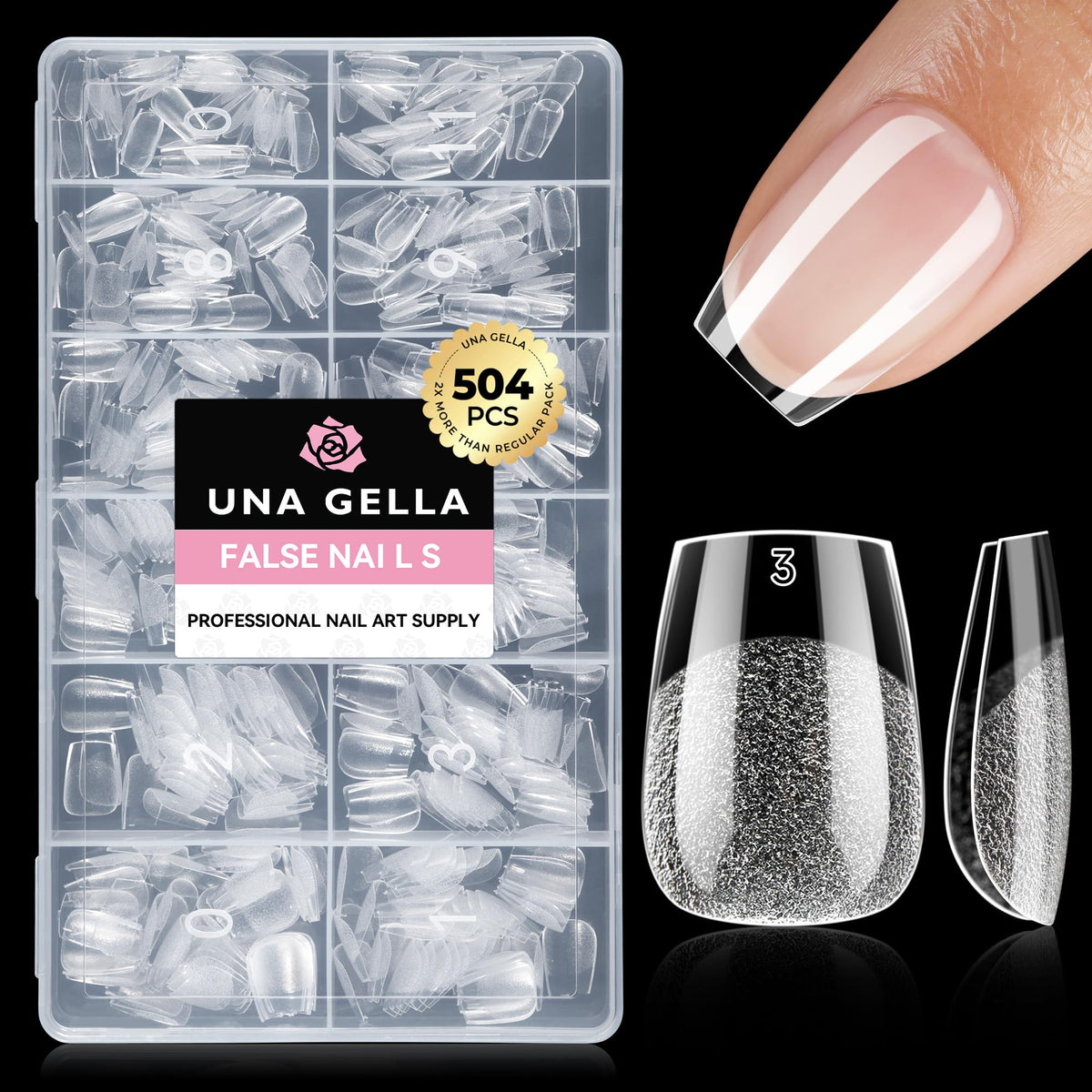 UNA GELLA Almond Gel Nail Tips 504PCS Pre-Etched Clear Fake Nails Tips
