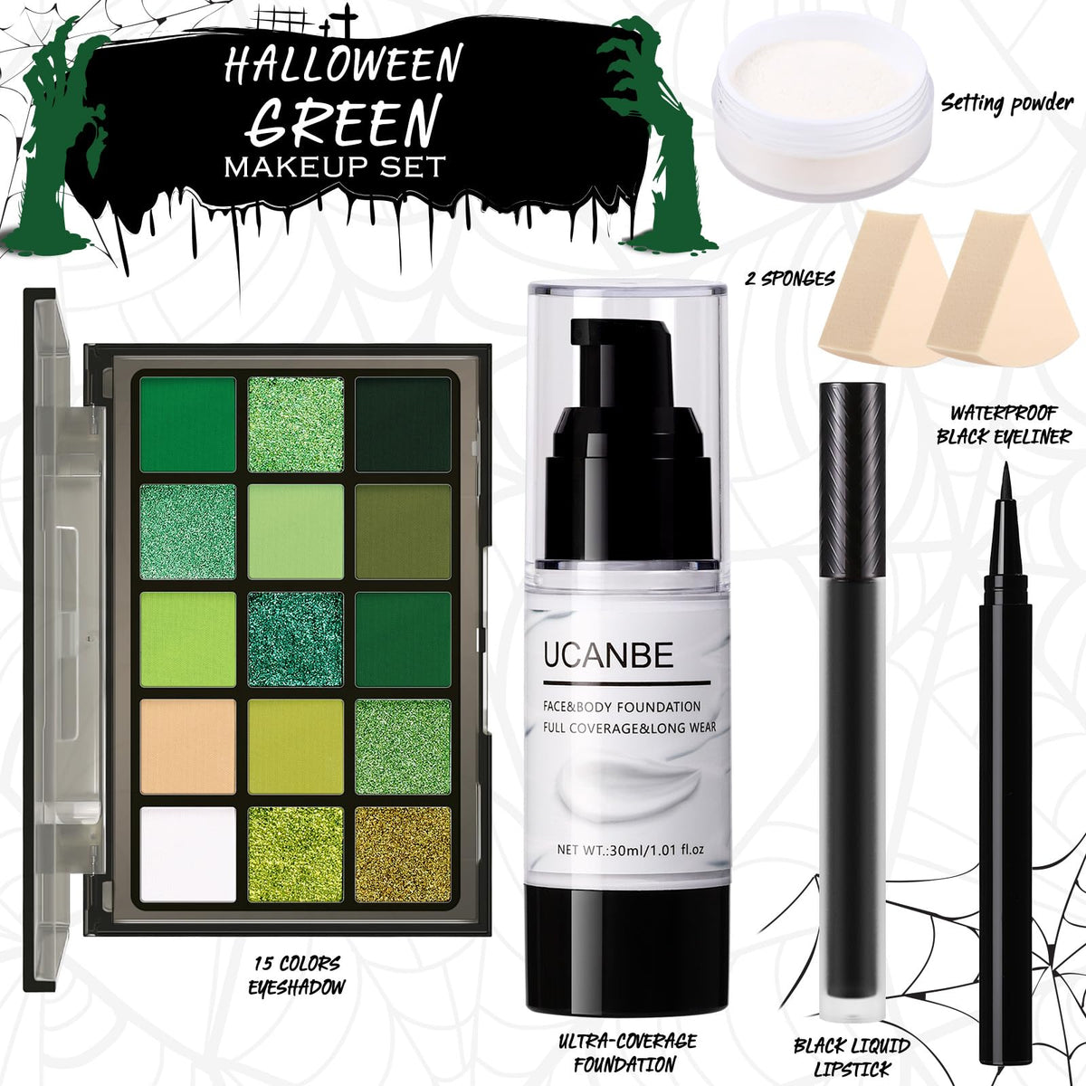 UCANBE Halloween Makeup Kit – 15-Color Purple Eyeshadow Palette, White Liquid Foundation, Purple Liquid Lipstick, Black Eyeliner, Setting Powder & Sponges Makeup Set for Cosplay Witch Devil Sorceress