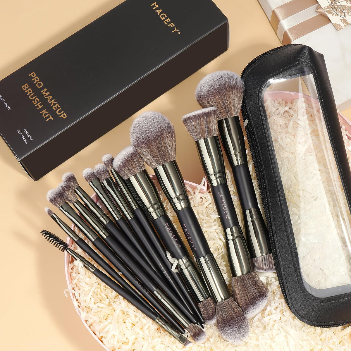 MAGEFY Makeup Brushes 12Pcs with Bag, Double-End Multi-functional for Foundation Powder Blush Eyeliner Eyeshadows brushes with Gift Box,Blackgold