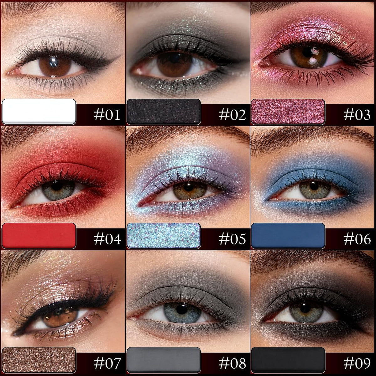 9 Colors Black White Red Blue Eyeshadow Palette, High Pigmented Long Lasting Matte Glitter Smokey Eye Shadow for Christmas Goth Halloween Clown Zombie Vampire Skeleton Joker Costume Makeup