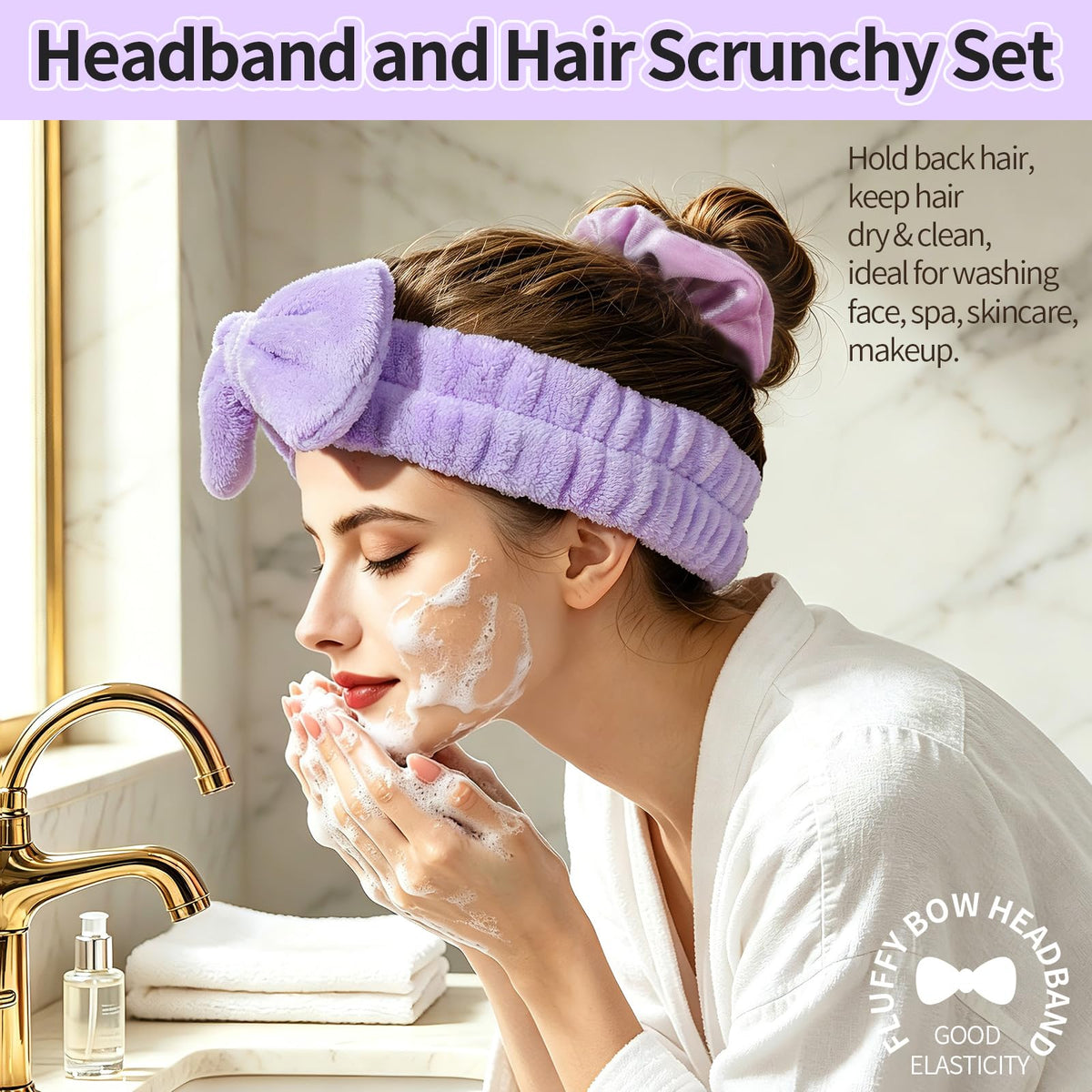 LEOBRO Spa Headband, 6pcs Makeup Headbands and Hair Scrunchies, Bow Skin Care Headband for Washing Face for Teen Girls Women, Easter Basket Valentines Christmas Gift for Girls, Black & White & Gray