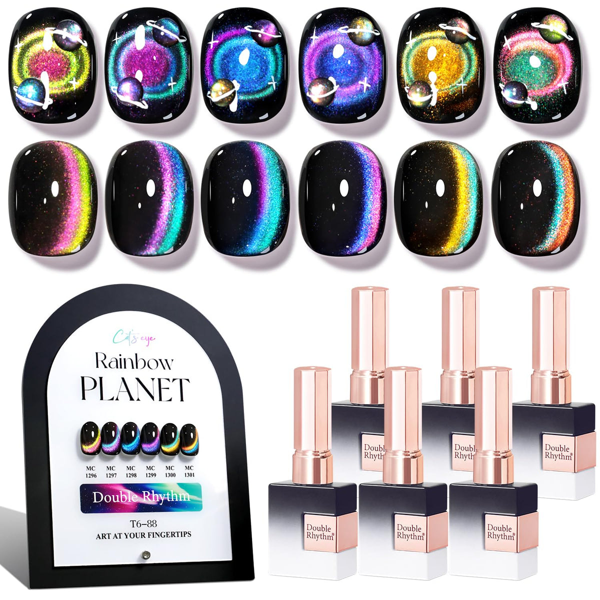 Double Rhythm Cat Eye Gel Nail Polish Set of 6 Same Color Same Bottle 0.5 Oz Shimmer Glitter with Magnet Holographic Magnetic UV Nail Polish Kit (Blush Fuchsia Magenta Purple Violet Lavender -T6-107)