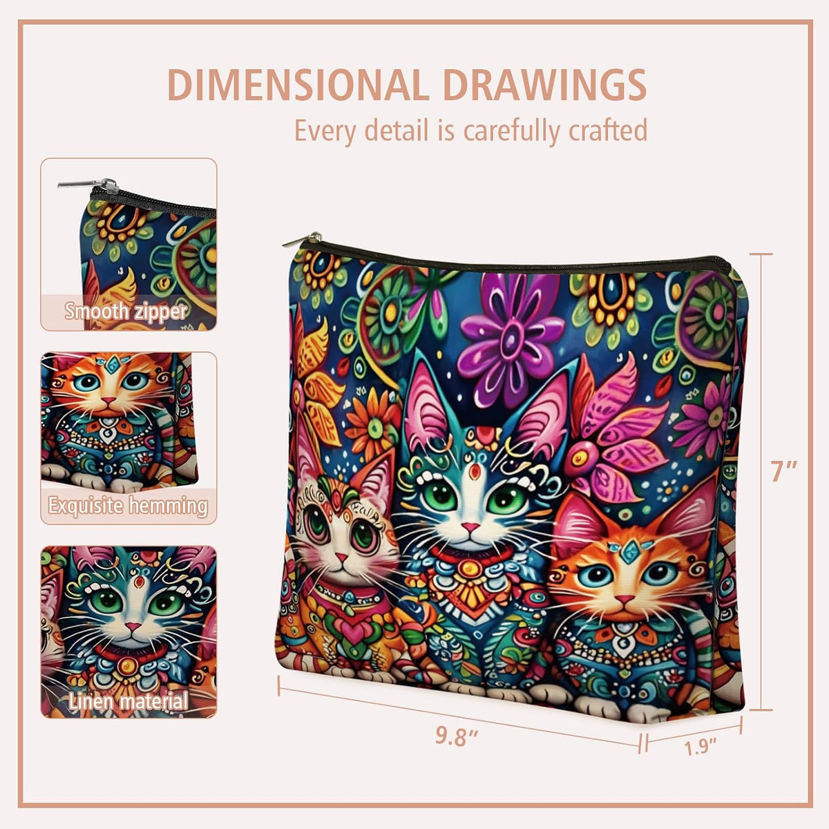 Bohemian Cat Mom Makeup Bag For Women & Teen Girl Cat Lover Gifts. Cute Boho Cats Themed Cosmetic & Toiletry Organizer Pouch For Daughters, Sisters, Friends.Ideal Gift For Travel, Christmas.